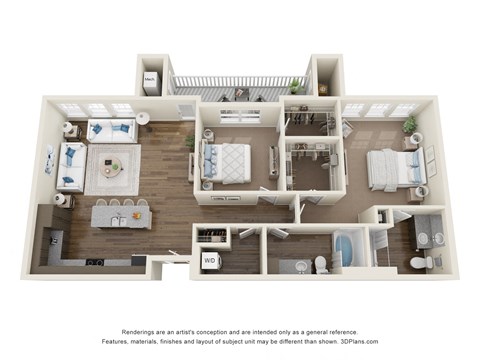 Floor plan for 2 beds, 2 baths, 1249 sqft